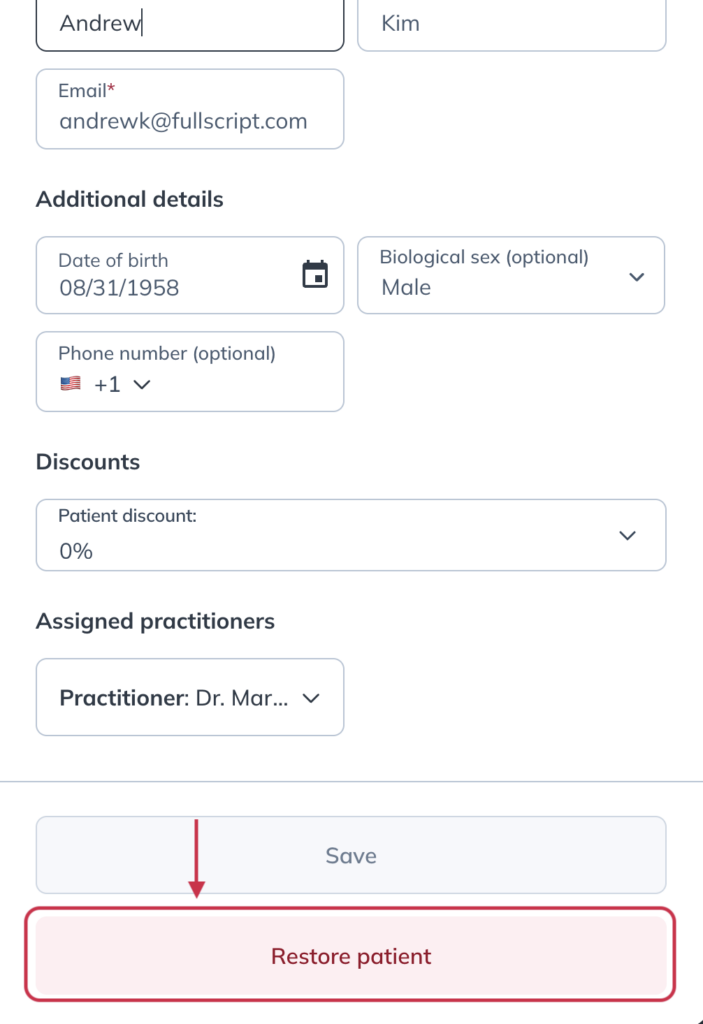 The Edit patient drawer with the Restore patient button highlighted.